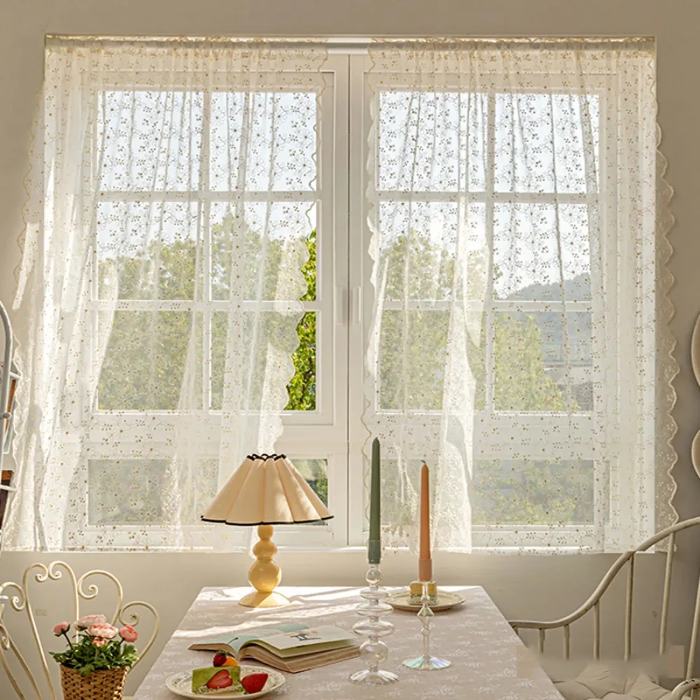 Elegance, Charming Beige Lace Floral Cafe Curtain - Embroidered, Rod Pocket Design for Kitchen & Dining Room Decor