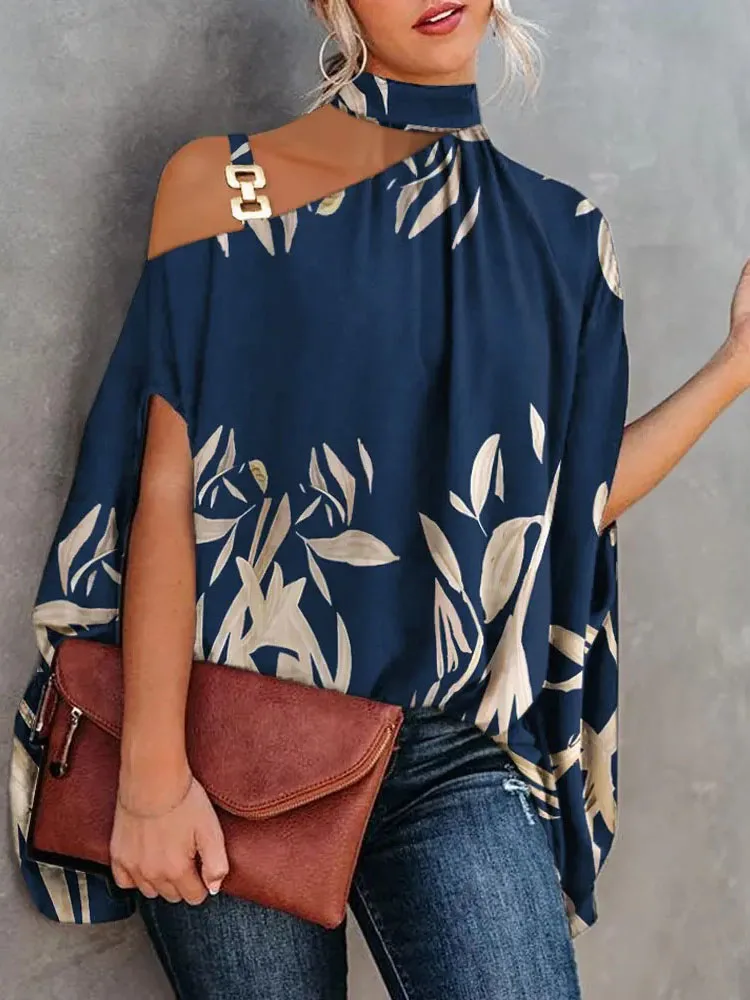 Women Loose Blouse Hanging Neck Shawl Printed Elegant Short sleeved Tops Bat Sleeve Off The Shoulder Loose Pullover Blouse