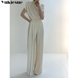 Temperament Irregular Solid Small Stand Collar Design Top Women+Elegant Pleated Casual Trousers Korean Chic Summer French Simple