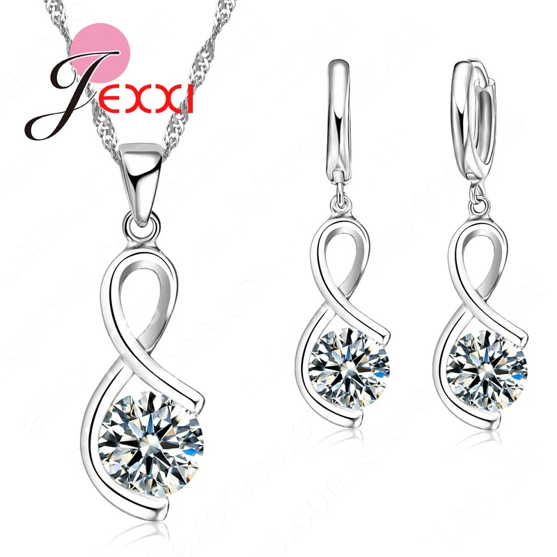 

Top Quality Real 925 Sterling Silver Pendant Necklace Drop Earrings Women Girls Wedding Party Jewelry Sets With Crystals