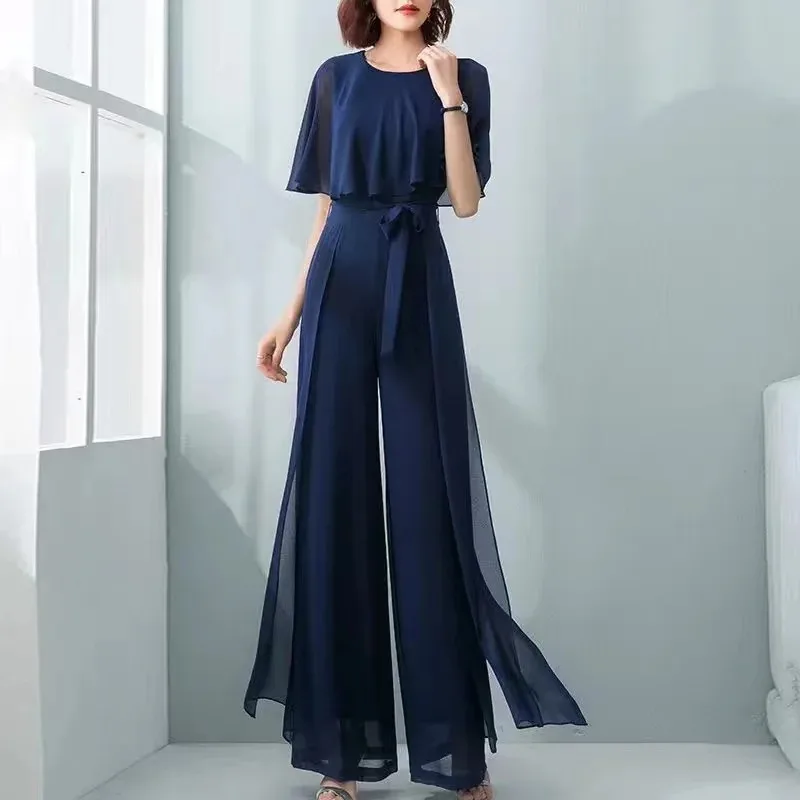 

2024 Fashion New Chiffon Siamese Wide Leg Suit Lotus Leaf Sleeve Jumpsuit Women's Summer Long Jumpsuit