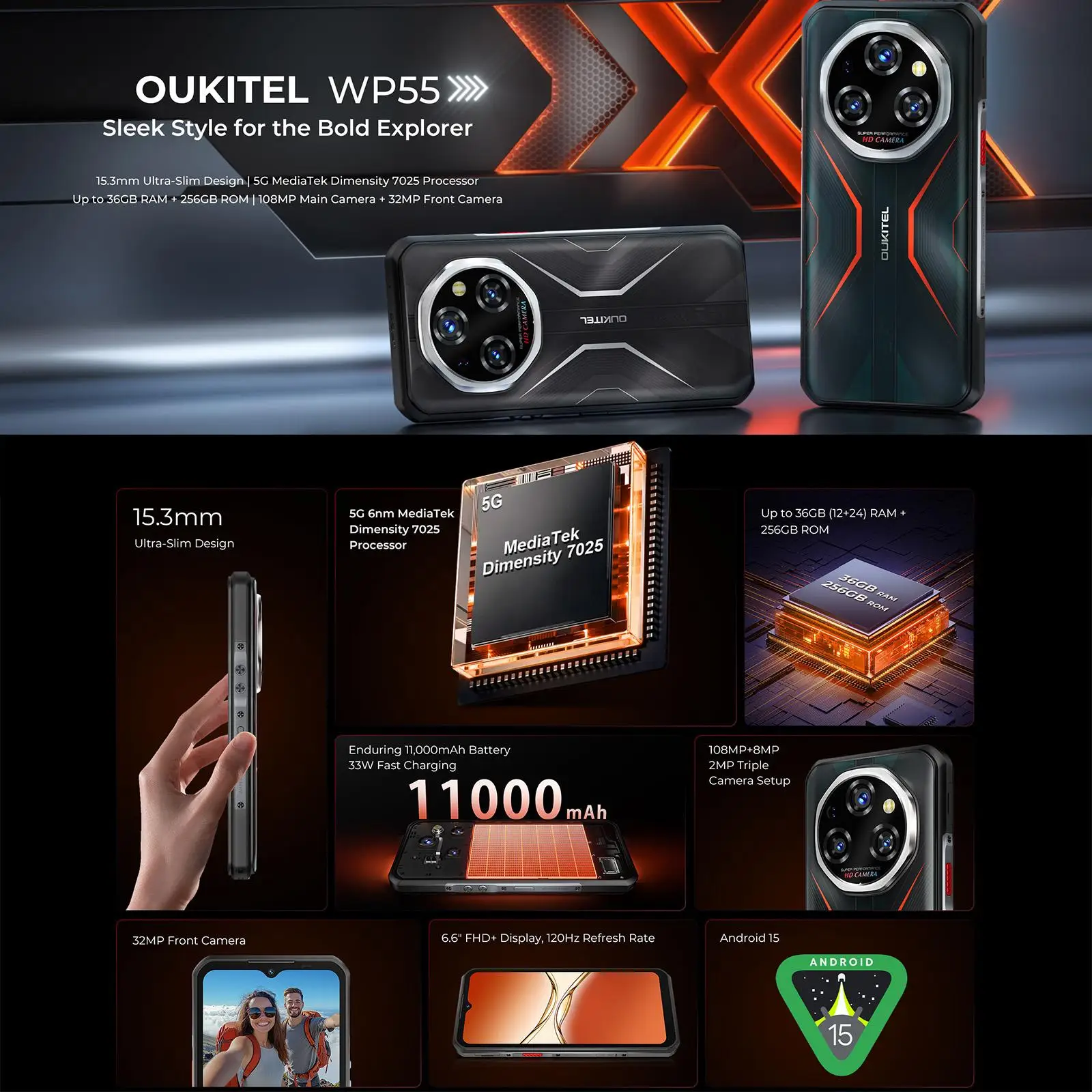 Oukitel WP55 5G Rugged Smartphone 11000mAh Battery 33W 108MP Camera 12GB+256GB 6.6 inch FHD+ IPS Display 120Hz Android 15 NFC