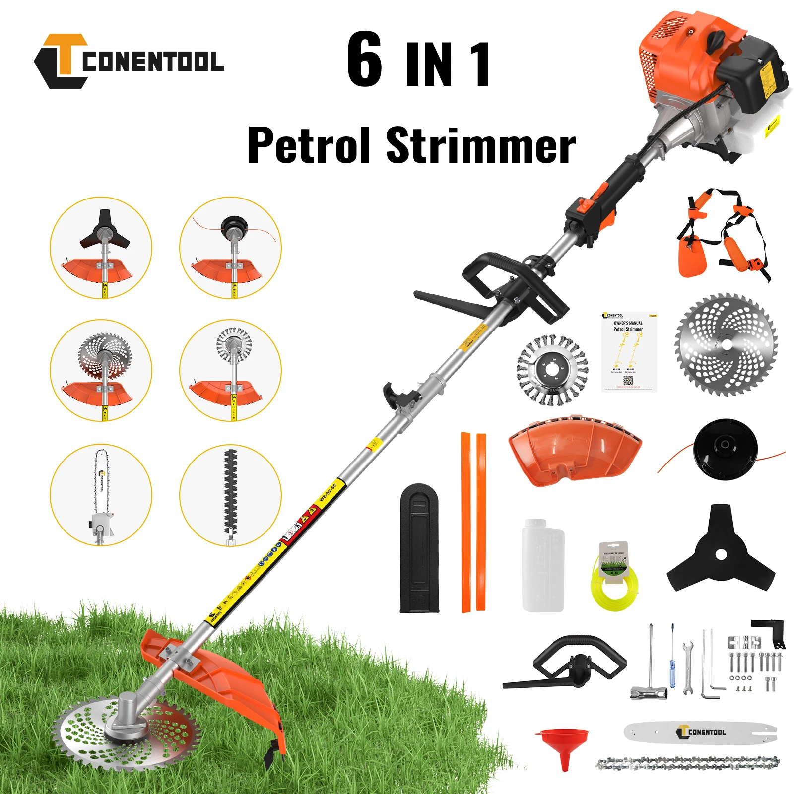 CONENTOOL 6-in-1 Benzin-Rasentrimmer Rasenmäher 52cc Benzin-Heckenschere Kettensäge 2-Takt-Motor 2,5KW Benzin-Freischneider Gartenwerkzeuge