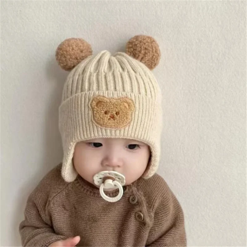 Baby Cute Bear Ear Protection Wool Hat Children Winter Thickened Warm Knitted Hat