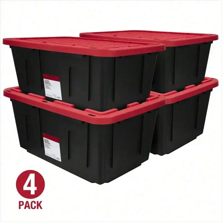 4-Pack 27-Gallon Heavy Duty Storage Bins - Black & Red Snap Lid Containers For Garage Industrial Organization