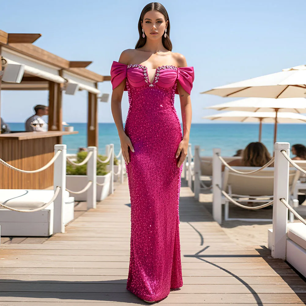 

Fuchsia Off the Shoulder Sequined Evening Dresses 2026 Customized Women Crystal Sweetheart Party Prom Gowns robes de soirée