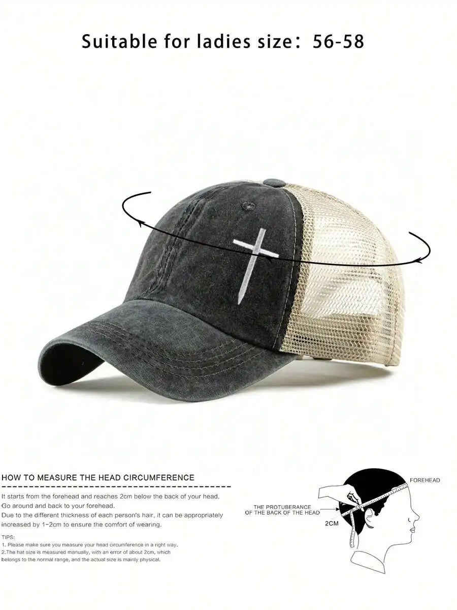 

Washed Canvas Trucker Mesh Baseball Cap With Embroidered Cross Adjustable Sun Protection Casual Hat