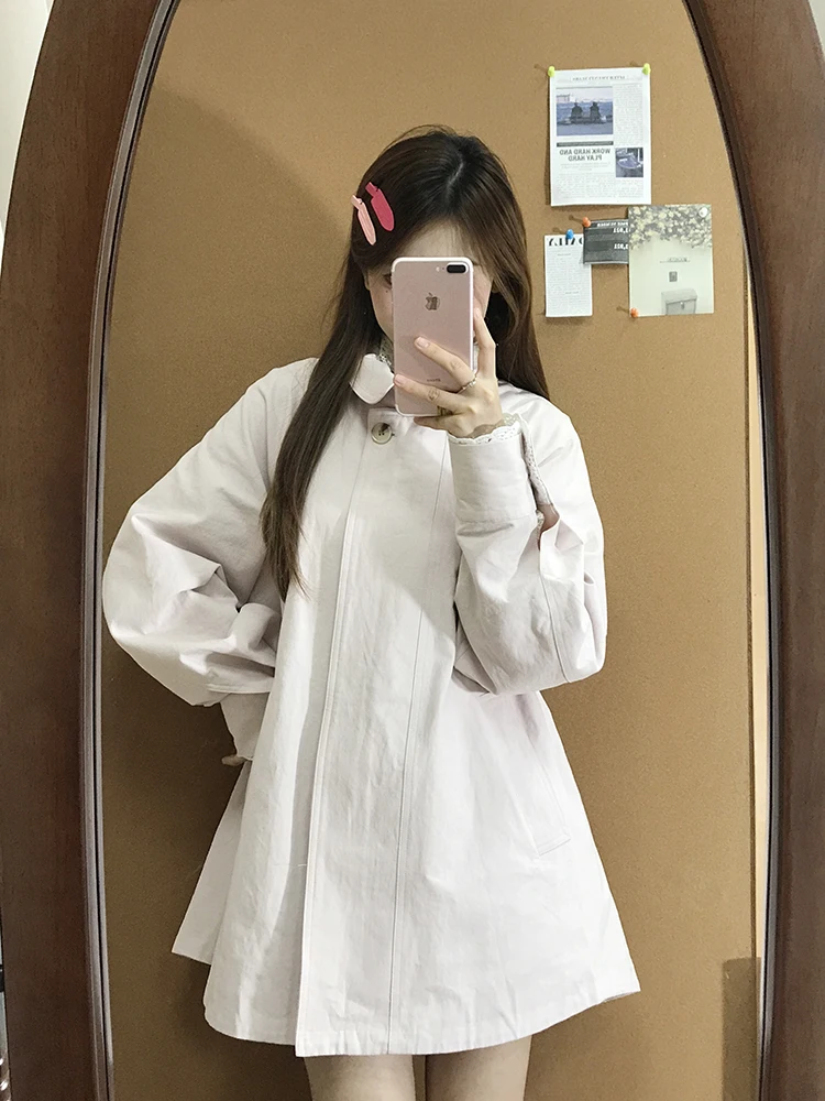 

Pink Sweet Lace Splice Windbreaker Jaet Women's Loose Sle Autumn New Design Casual Outerwear Long Sve Collar