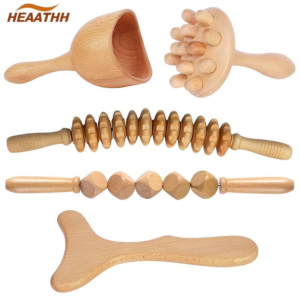 5Pcs Wooden Curved Roller Stick Wood Massage Cup Lymphatic Drainage Massager Body Sculpting,Anti-Cellulite,Muscle Pain Relief