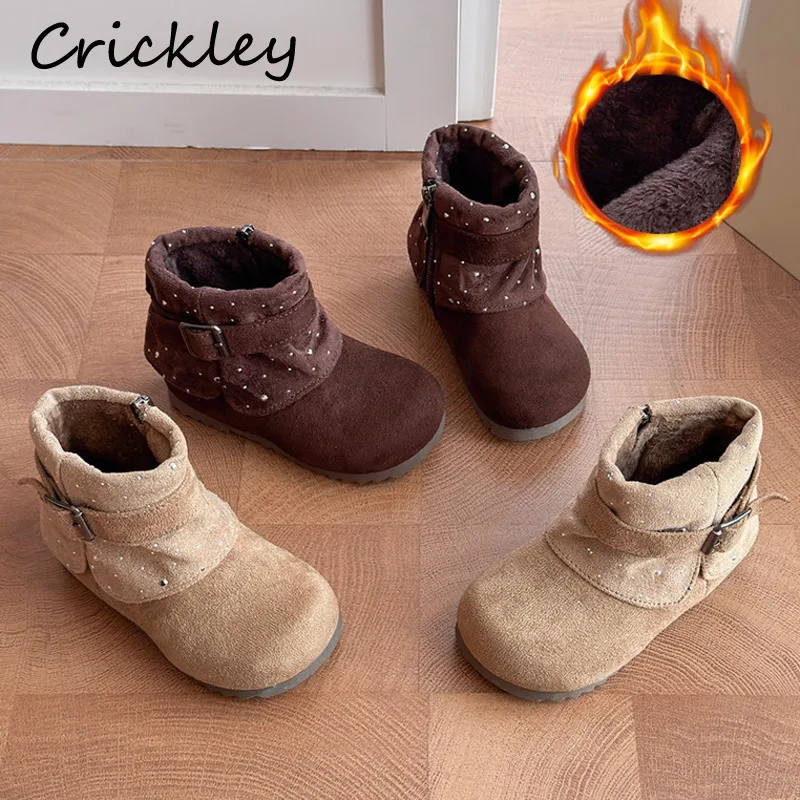 Rivet Buckle Girls Fashion Boots Autumn Winter Fleece Warm Children Ankle Shoes Zip Cotton Soft Sole Toddler Kids Boots