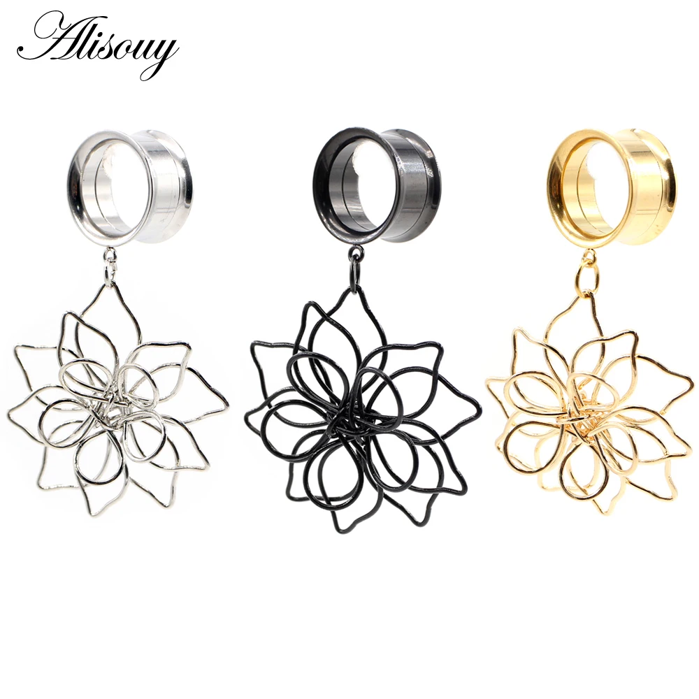 Alisouy 2pcs Stainless Steel Hollow Flower Dangle Thread Double Flared Ear Plugs Tunnels Expanders Stretcher Gauges Body Jewelry