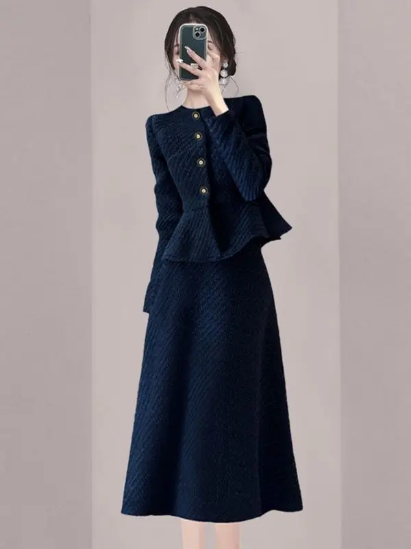 New High Quality Small Fragrance Women's Suit Celebrity Fashion Slim Long Sleeve Jacket Top + Skirt Elegant Tweed Two Piece Set