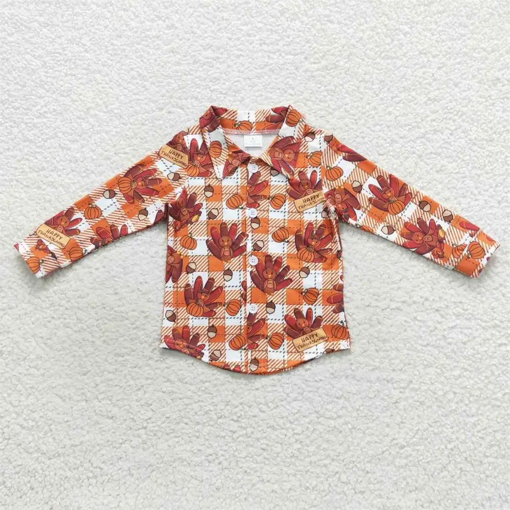 Wholesale Baby Boy Lapel Children Spring Fall Clothing Thanksgiving Toddler Long Sleeves Button Up turkey Pumpkin Plaid Shirt