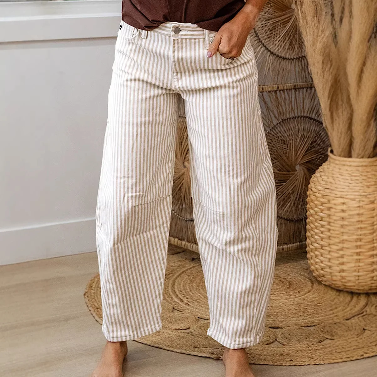 

Women Denim Jeans Print Jean Striped Pocket Button Zipper Fly Empire Waist Ankle Length Wide Leg Pants Loose Casual 2026 Spring