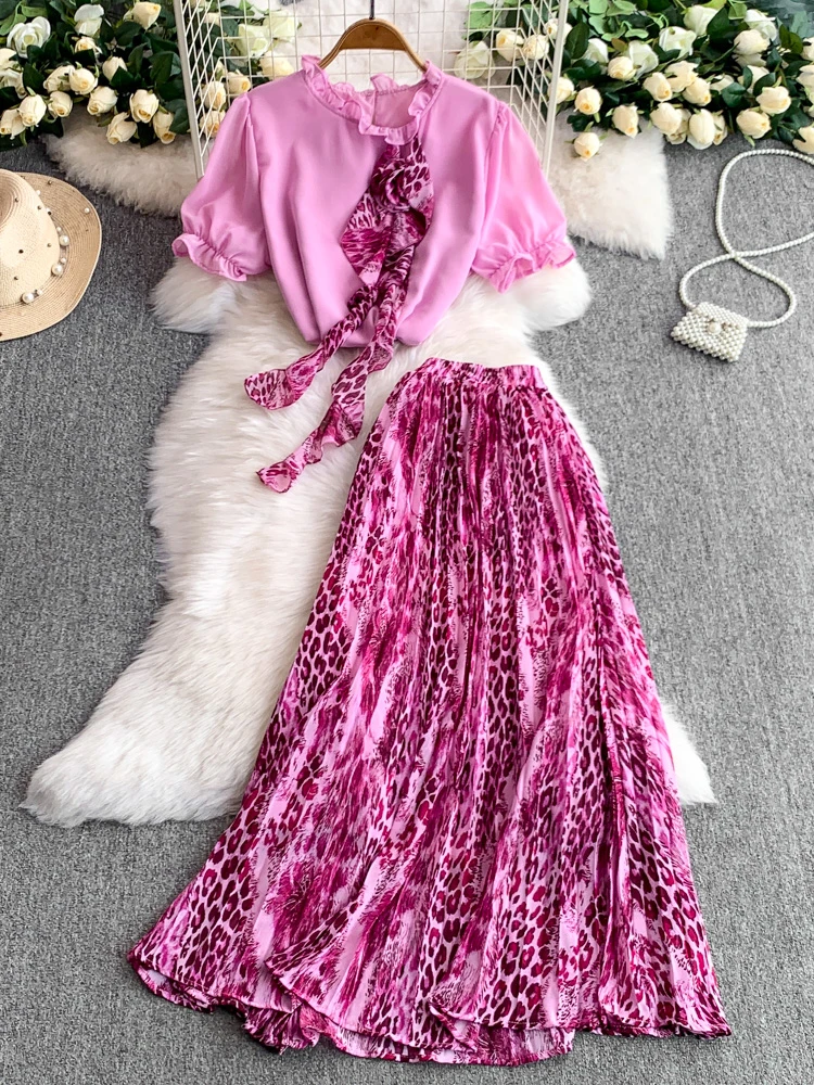 

Ретро цветочный принт ter Ne Bubble Sve круглый топ с высокой талией, утягивающая юбка с леопардовым принтом, комплект из двух предметов, женский...