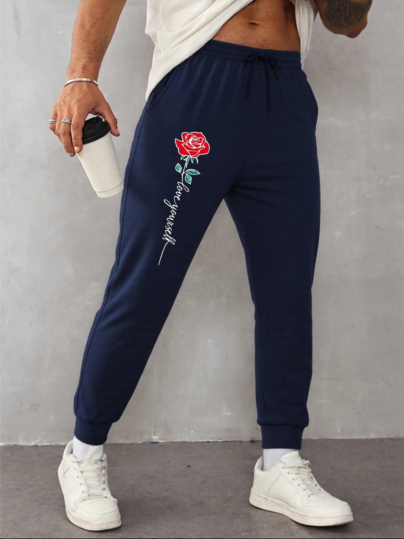 

Love Yourself Rose Printing Sweatpants For Man Fashion Fleece Sportpants Autumn Multicolor Long Pant Drawstring Joggers Pants