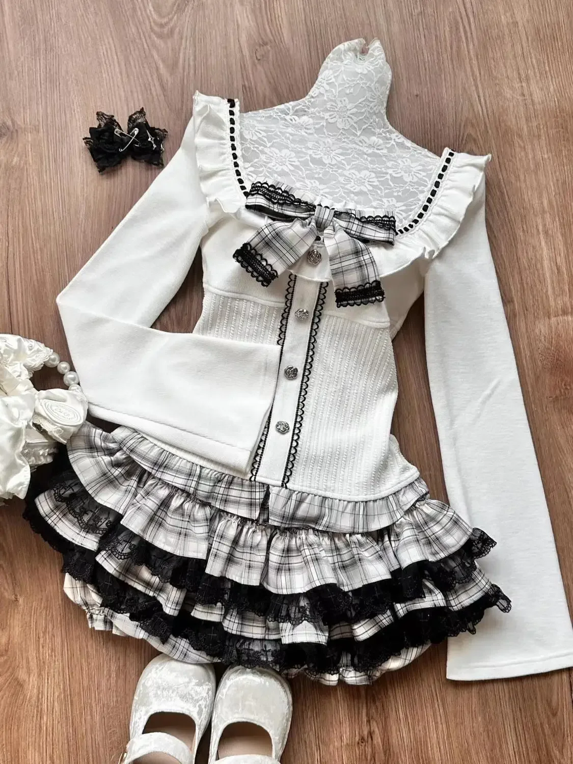 Winter Vintage New Two Piece Set Women Long Sleeve Shirt+pladi Cake Skirt Female Korean Fashion Designer Y2k Skirt Suit 2024