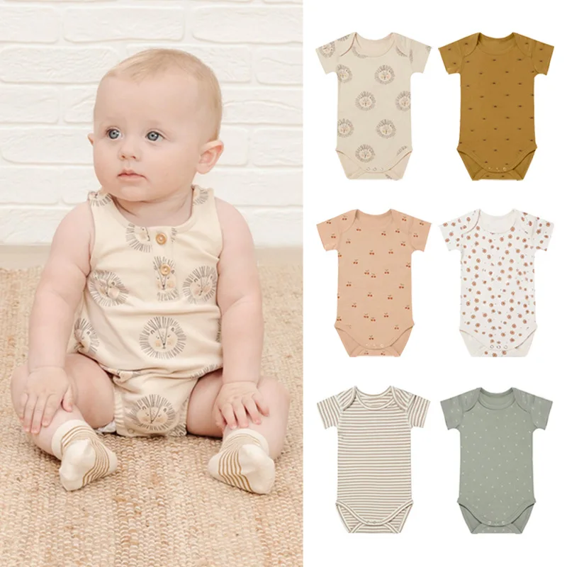 

RomperDew Baby Wrap Summer Crawling Clothes Men and Women Baby Clothes Cotton Printing Thin Section Triangle Hajis Bodysuits