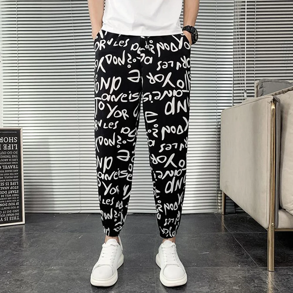 Mens Leggings Trendy Contrast Color Letter Print Pant Summer Casual Streetwear Personality Versatile Jogging Pants Men\'S Wear