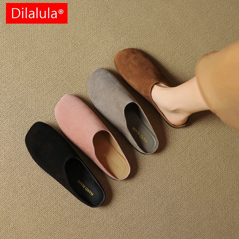 

Dilalula 2025 Comfort Genuine Kid Suede Slippers Women Covered Toe Full Natural Leather Casual Flats Female Daily Walk Slippers