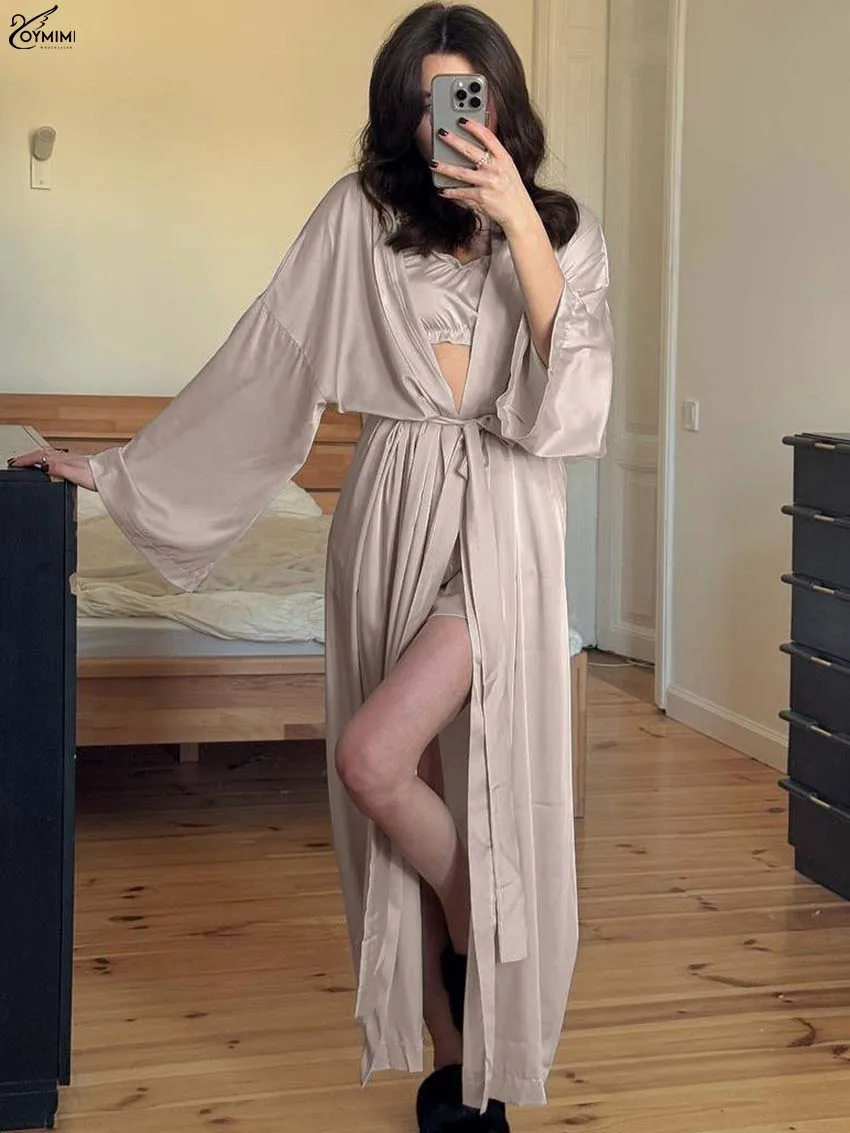 

Oymimi Fashion Beige Satin 3 Pieces Set For Woman Elegant Long Sleeve Lace-Up Loose Shirts And Slip Tops + Simple Shorts Sets