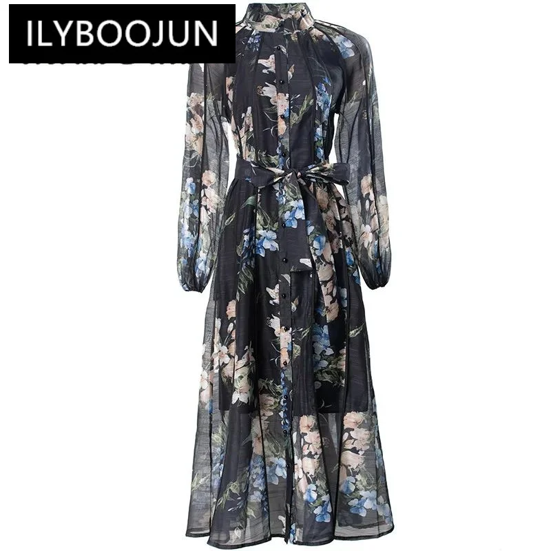 

ILYBOOJUN Fashion Designer Summer Women's Dress Floral Print Chiffon Single Breasted Temperament Pleated Lantern Sleeve Dresses