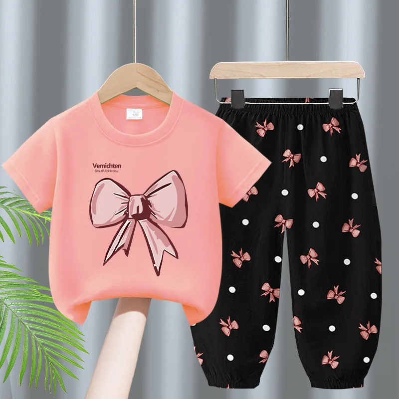 

Girls Summer Outfit Set – Pink Bow Print T-Shirt & Polka Dot Pants with Ribbon, Cute Casual Two-Piece Clothes (2-8Y)