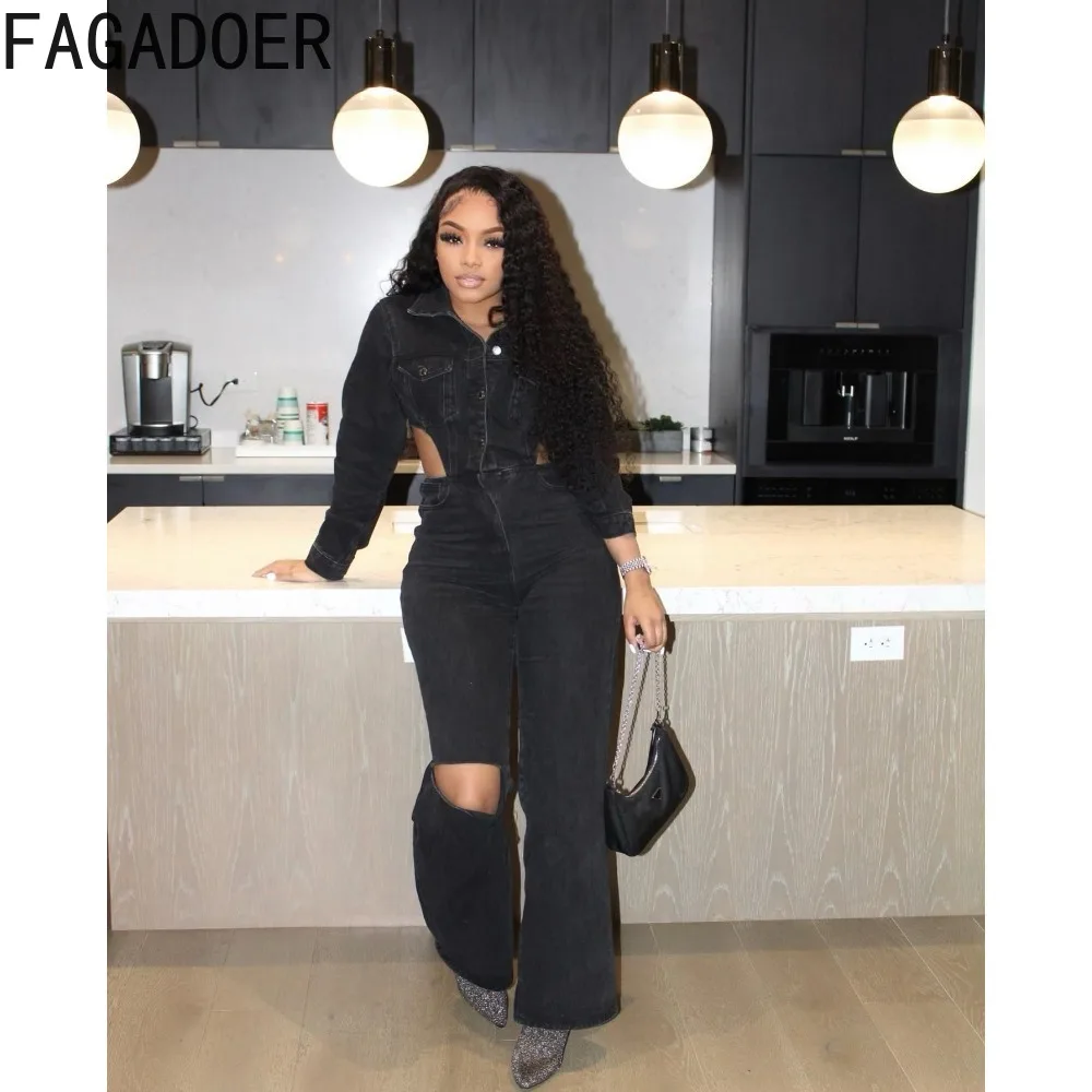 FAGADOER Black Autumn Winter Casual Denim Hole Jumpsuit Women Turndown Collar Button Long Sleeve Hollow Straight Cowboy Playsuit