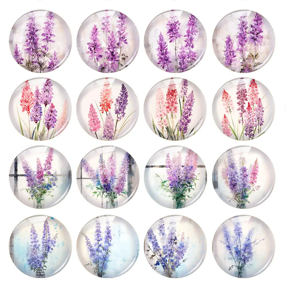 Random Mixed Round/Oval/Square Purple Flower Plants Photo Glass Cabochon Flatback Demo Cameo For Diy Jewelry Making