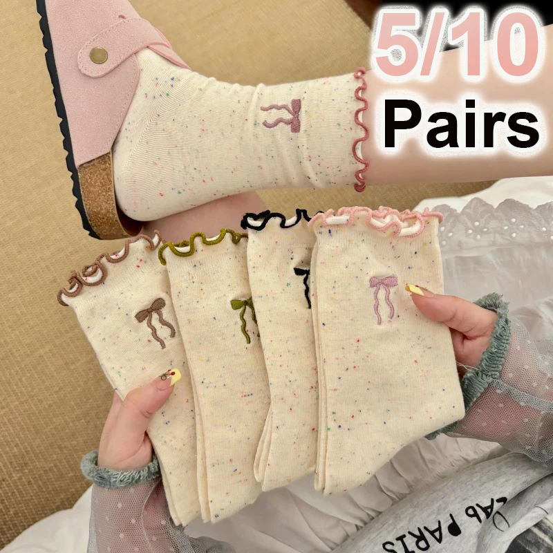 

5/10 Pairs Butterfly Flower Edge Women Mid Tube Socks Fashionable Dot Yarn Style Soft Comfortable Four Seasons Casual Socks