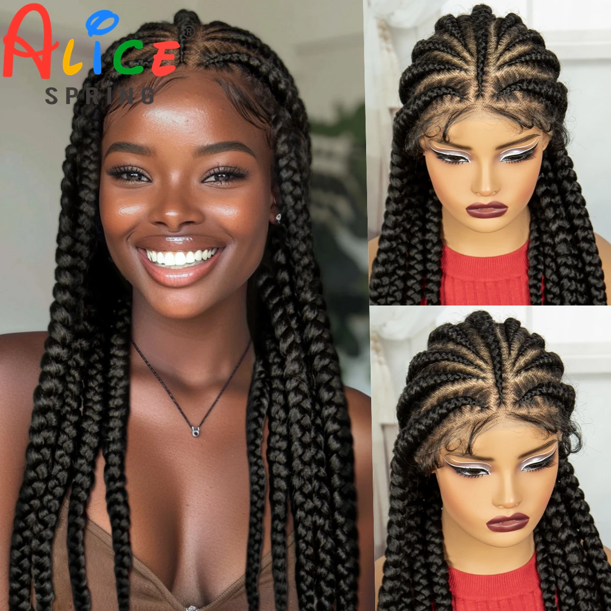 Peruca trançada sintética com laço completo transparente, tranças de cornrow perucas, cabelo natural reto, mulheres negras com cabelo do bebê, 26"