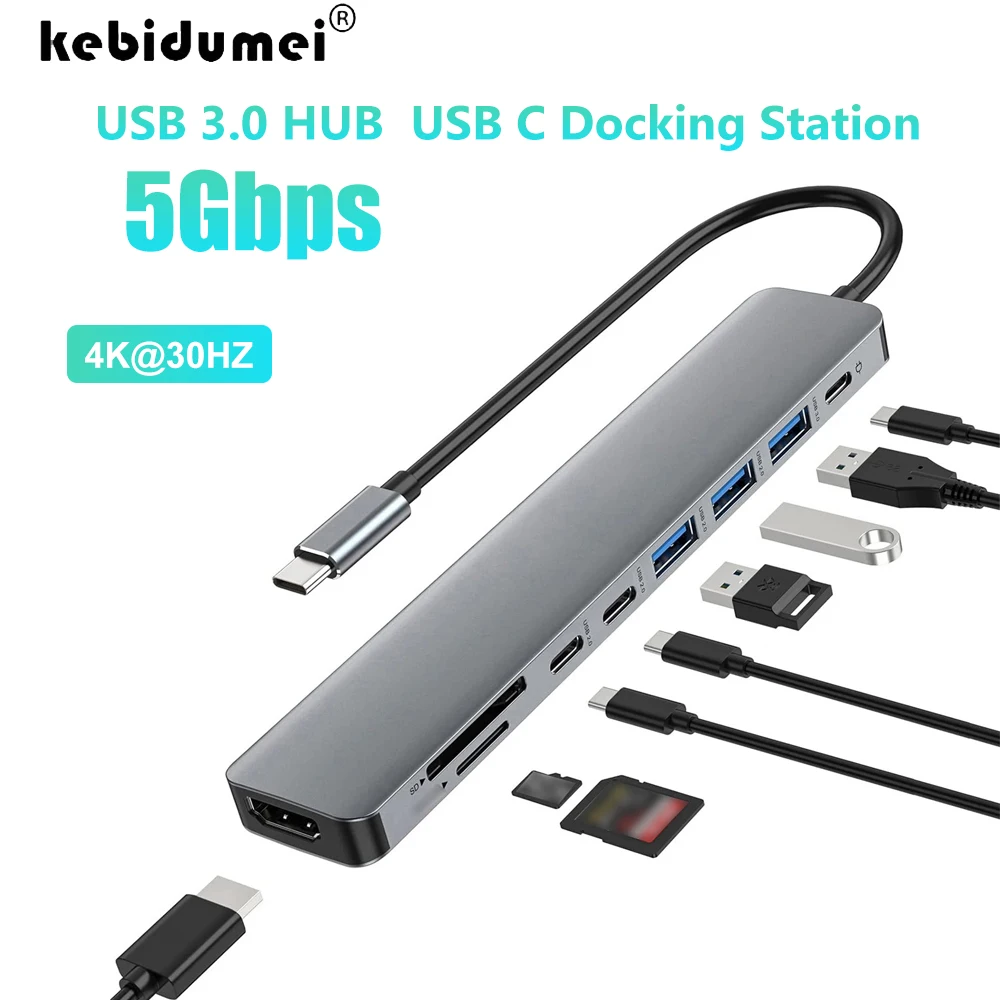 KEBIDUMEI USB C HUB 4K30Hz Docking Station 9-IN-1 5Gbps USB 3.0 Hubs TYPE-C to 4K HDMI-Compatible Adapter USB Splitter forLaptop