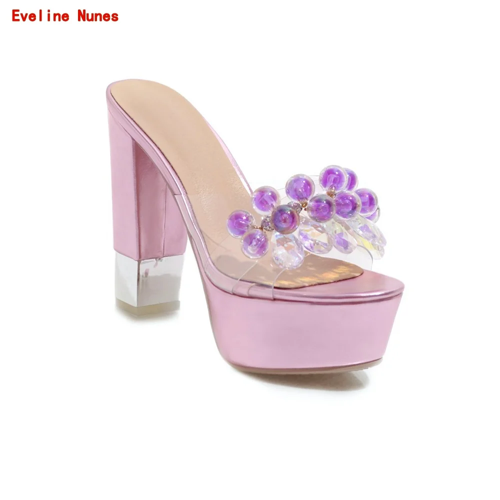 Purple Pearl Rhinestone Slippers Women's New Arrival Summer Slip-on Round Toe Hollow Chunky Heel Fashion Confortable Shoes