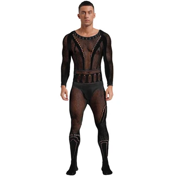 Men's Hollow Out Fishnet Bodystockings Sheer See Through Bodysuit Full Stockings Lingerie Jumpsuit Nightwear Stretchy Nightclub