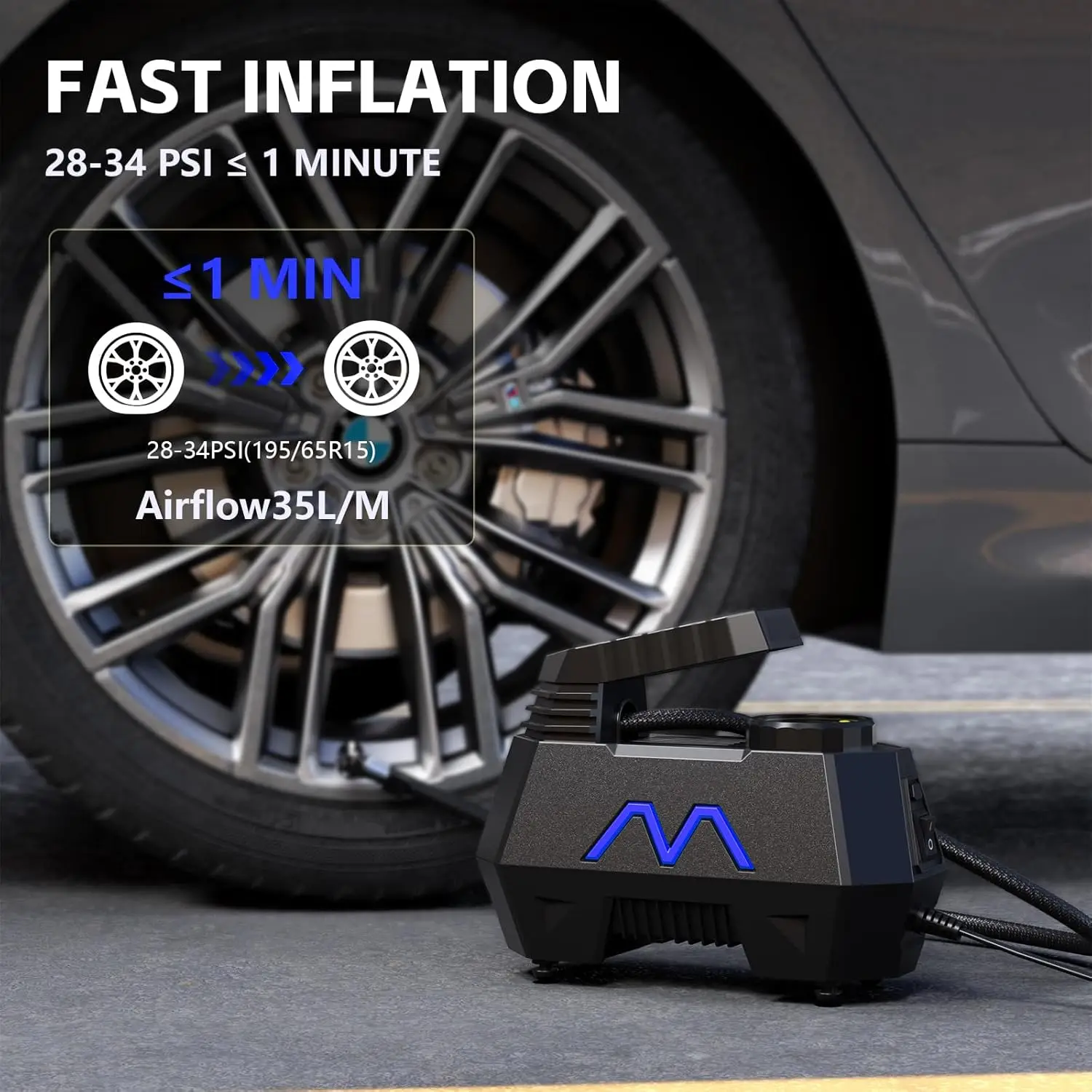 ضاغط هواء محمول 150 رطل لكل بوصة مربعة لإطارات السيارات والدراجة، 12 فولت تيار مستمر مع مقياس رقمي وإضاءة LED - أزرق