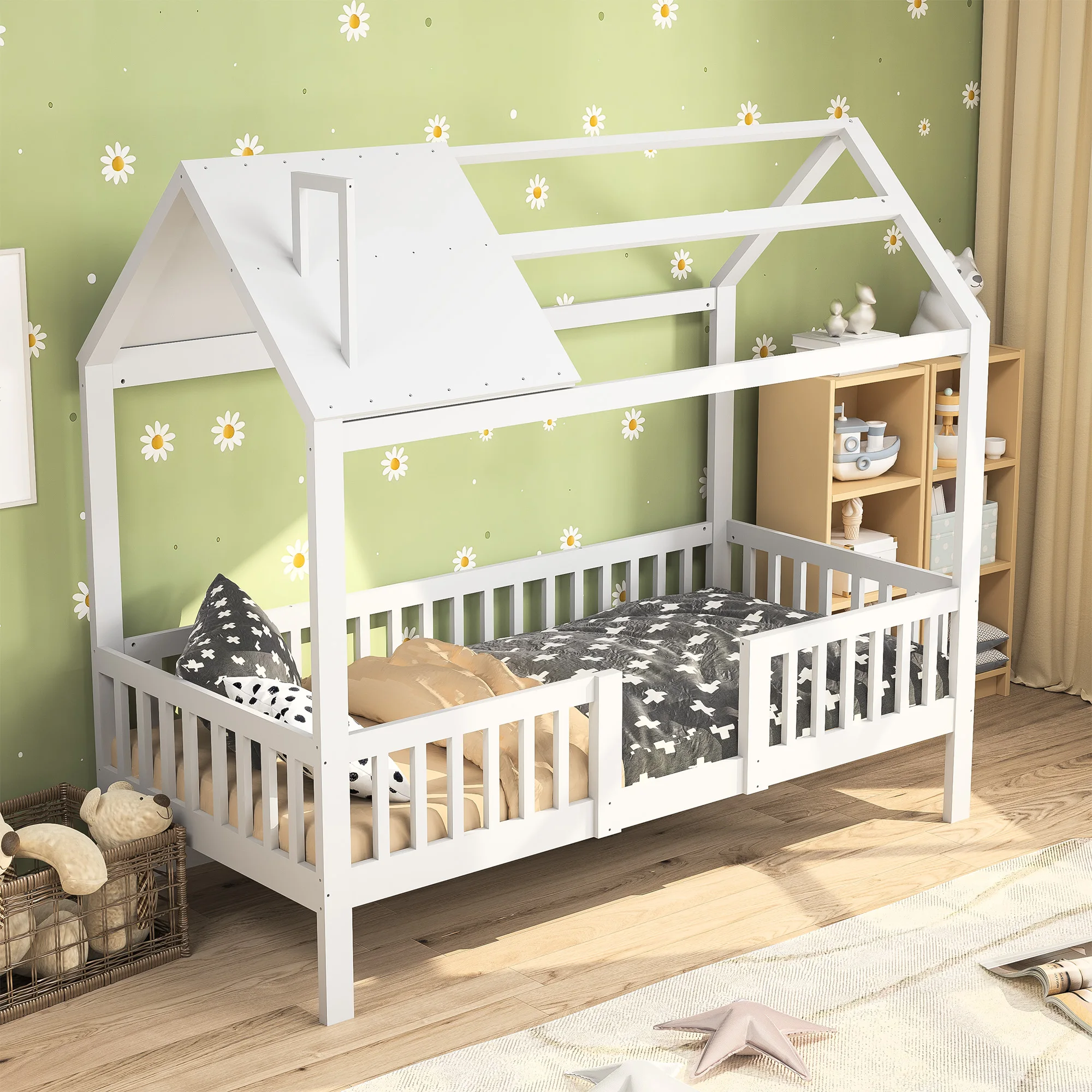 Children's bed 90 x 200 cm, sofa bed made of solid wood, white boy and girl bed with funny roof and safety fence