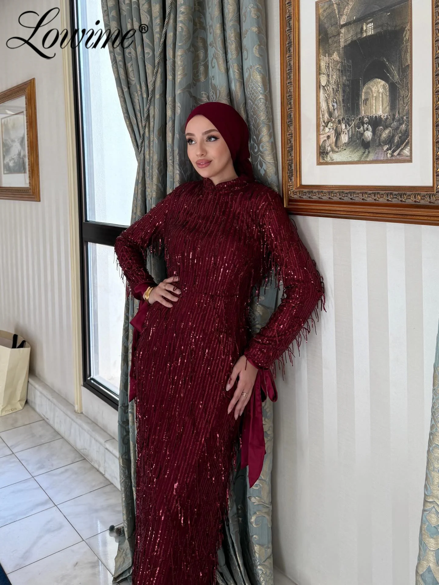 

Elegant Women's Formal Evening Gowns 2026 Long Sleeve Burgundy Sequins High Neck Party Prom Dress Customized Wedding Guest Dress