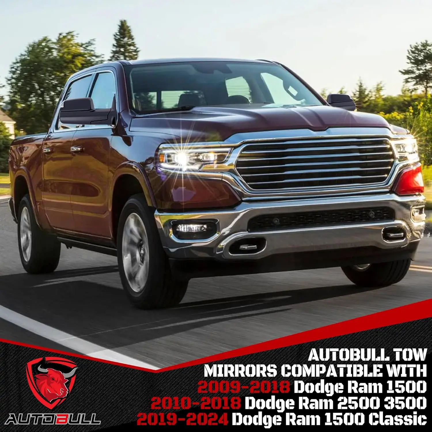 For Dodge Ram Towing, Metal Material, Black Color, Smoked Design with Turn Signal, Puddle Light and Temp Sensor