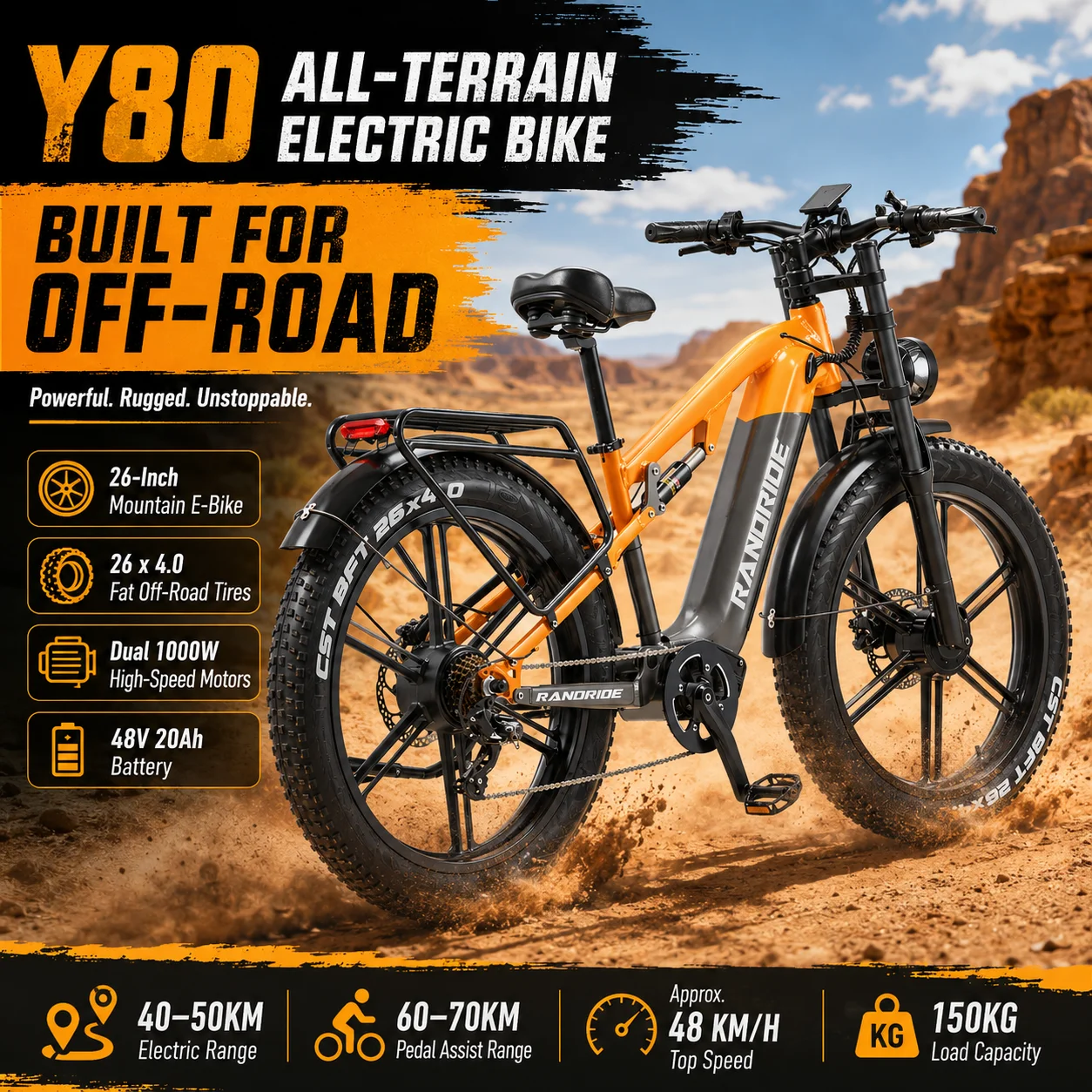 Y80 Adult Off Road Electric Bike Dual 1000W Motors 48V 20Ah Battery 26 Inch Fat Tires with Dual Disc Brakes