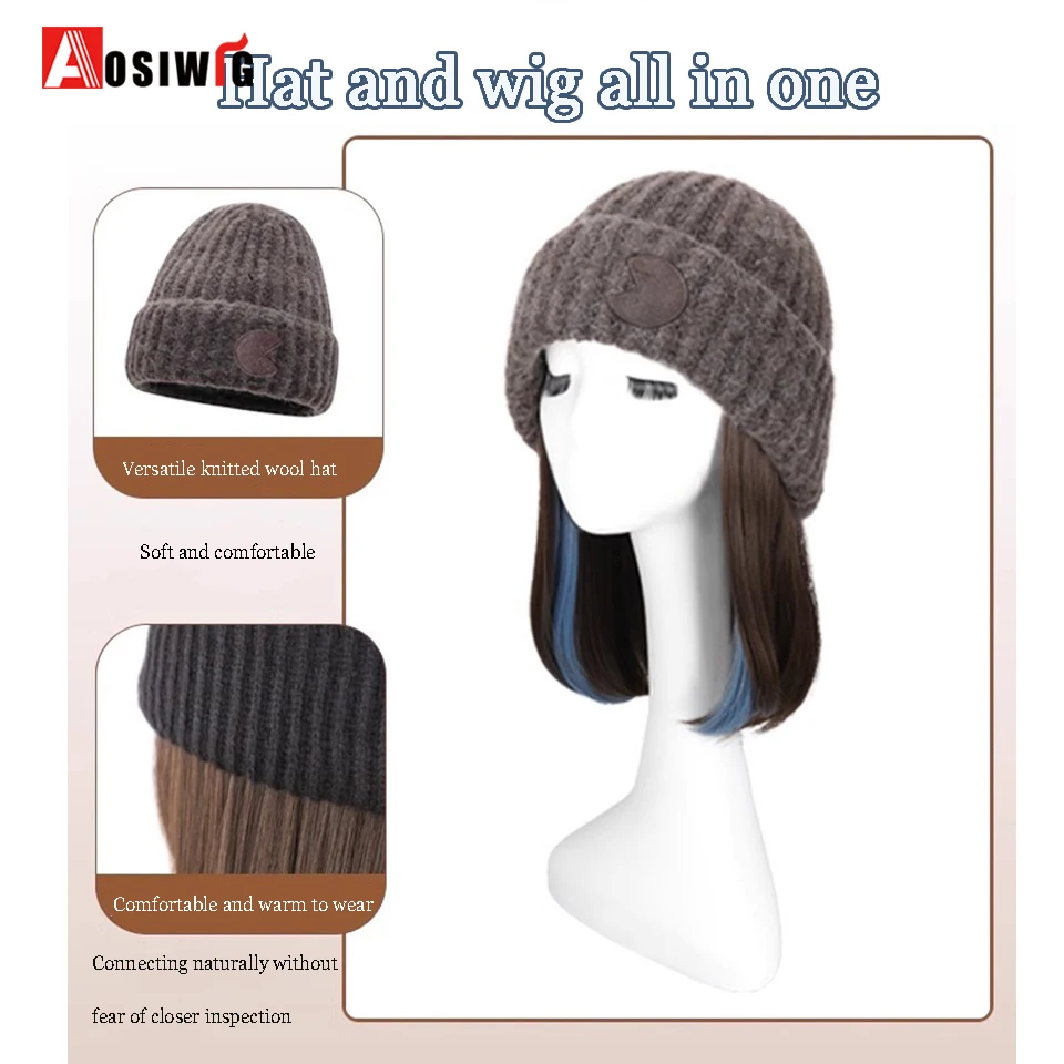 Hat Wig Beanies Hat With Hair Wigs For Women Synthetic Short Straight Hair Warm Ski Plush Knitted Autumn Winter Cap Wig