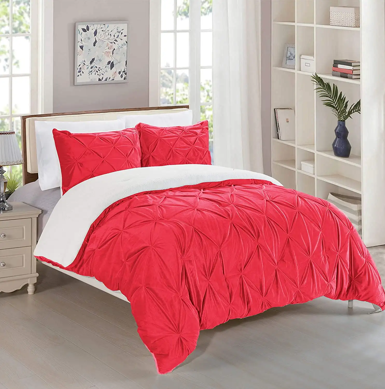 

Pleated Sherpa Comforter Set 3-Piece Reversible Comforter Set Full/Queen Red