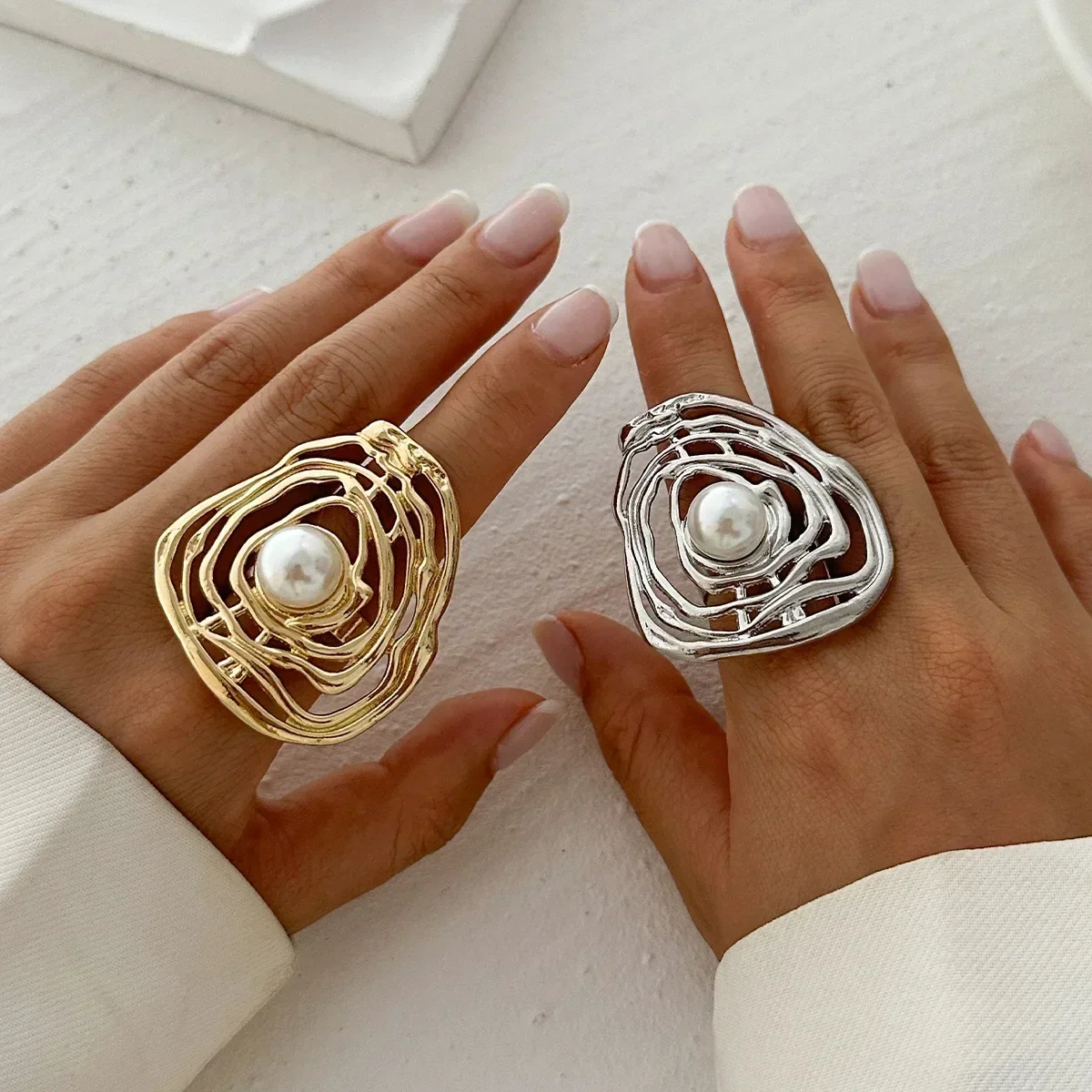 Silver color Creative Design Pearl Leaf Ring for Women Trend Irregular Metal Small Ball Open Finger Rings Couple Punk Jewelry image 6