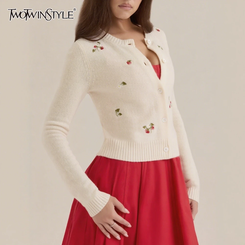 

TWOTWINSTYLE Sweet Pinting Short Sweater for Women O Neck Slimming Long Sleeve Spliced Buttons Temperament Cardigan Female New