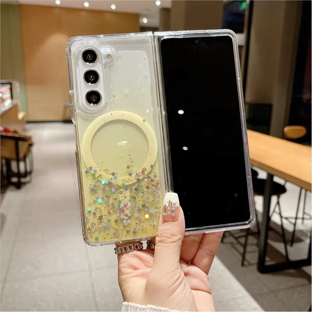 Luxury Gradient Epoxy Glitter Star Magnetic For Magsafe Clear Phone Case For Samsung Galaxy Z Fold Flip 6 5 4 3 Shockproof Cover