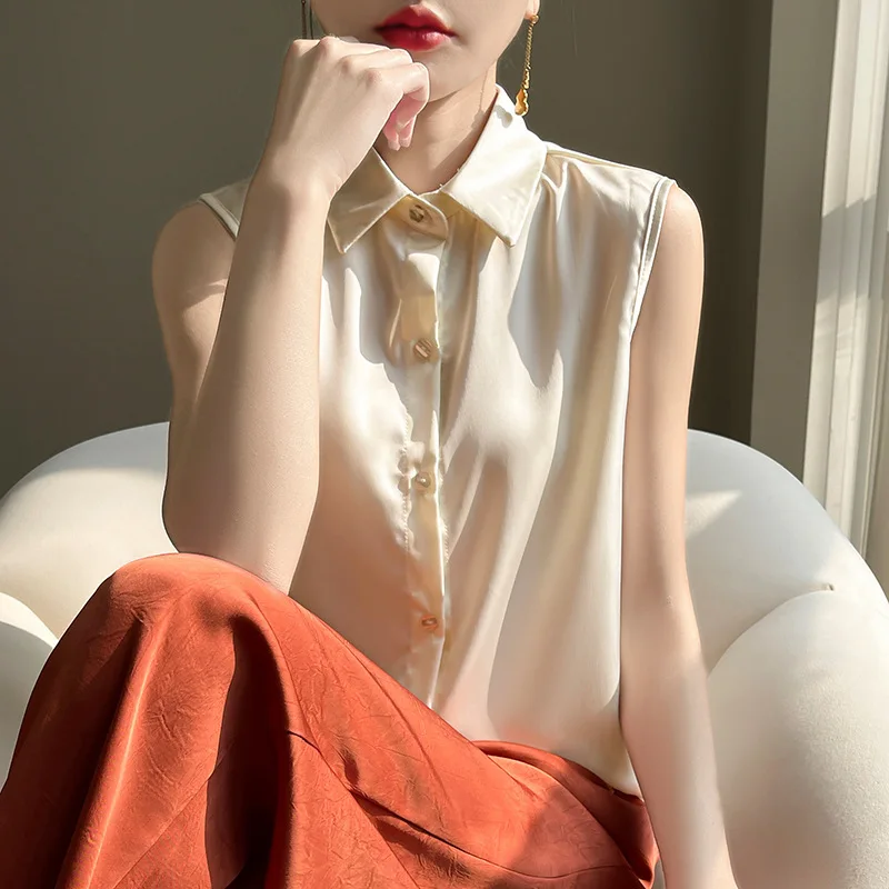 

Silk Sleeveless Satin Short Sleeve Collar Shirt Women's Pure Color Elegant Turn Collar Simple Design Spring Fashion Top
