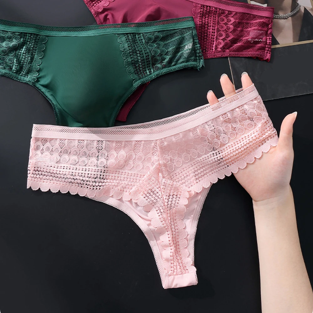Men's  Lace Underwear Seamless Ice Silk G-String Underwear 3D Bulge Pouch Solid Underpants High Elastic Breathable Pantie