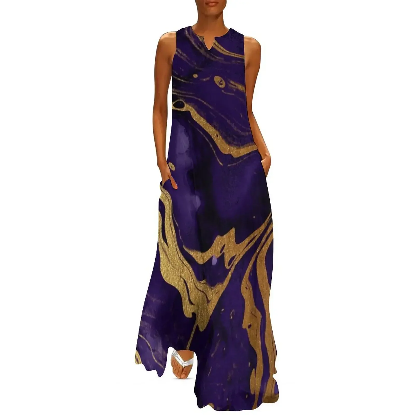 

Dark Purple Ink Faux Marble Texture with Gold Veins Long Dress elegant party dress for women 2025 Dress
