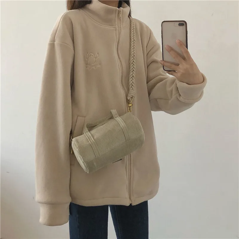 Korean Women Embroidery Zip Up Hoodie Fleece Solid Thick Warm Winter Plush Zipper Sweatshirt Outwear All-Matching Tops Clothes