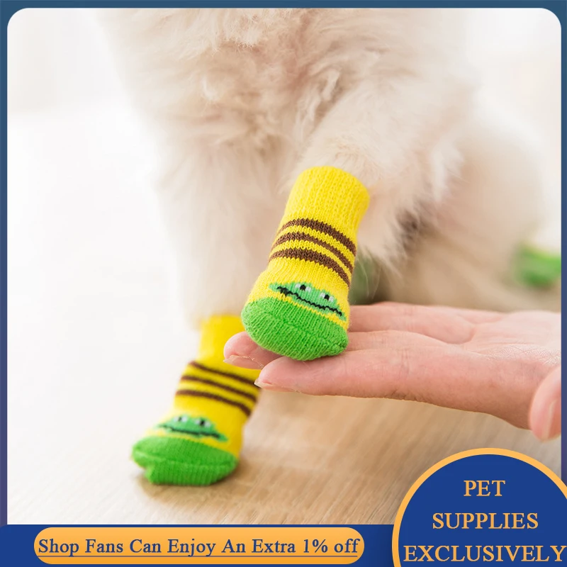 4Pcs/set Pet Dog Cotton Socks Autumn Winter Anti-Slip Knitted Small Dogs Shoes Thick Warm Paw Protector Puppy Indoor Wear Boot