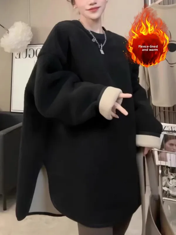 

Утепленная флисовая толстовка с капюшоном из овечьей шерсти, свободного кроя, с круглым вырезом, средней длины, для женщин больших размеров, осень-зима, новинка